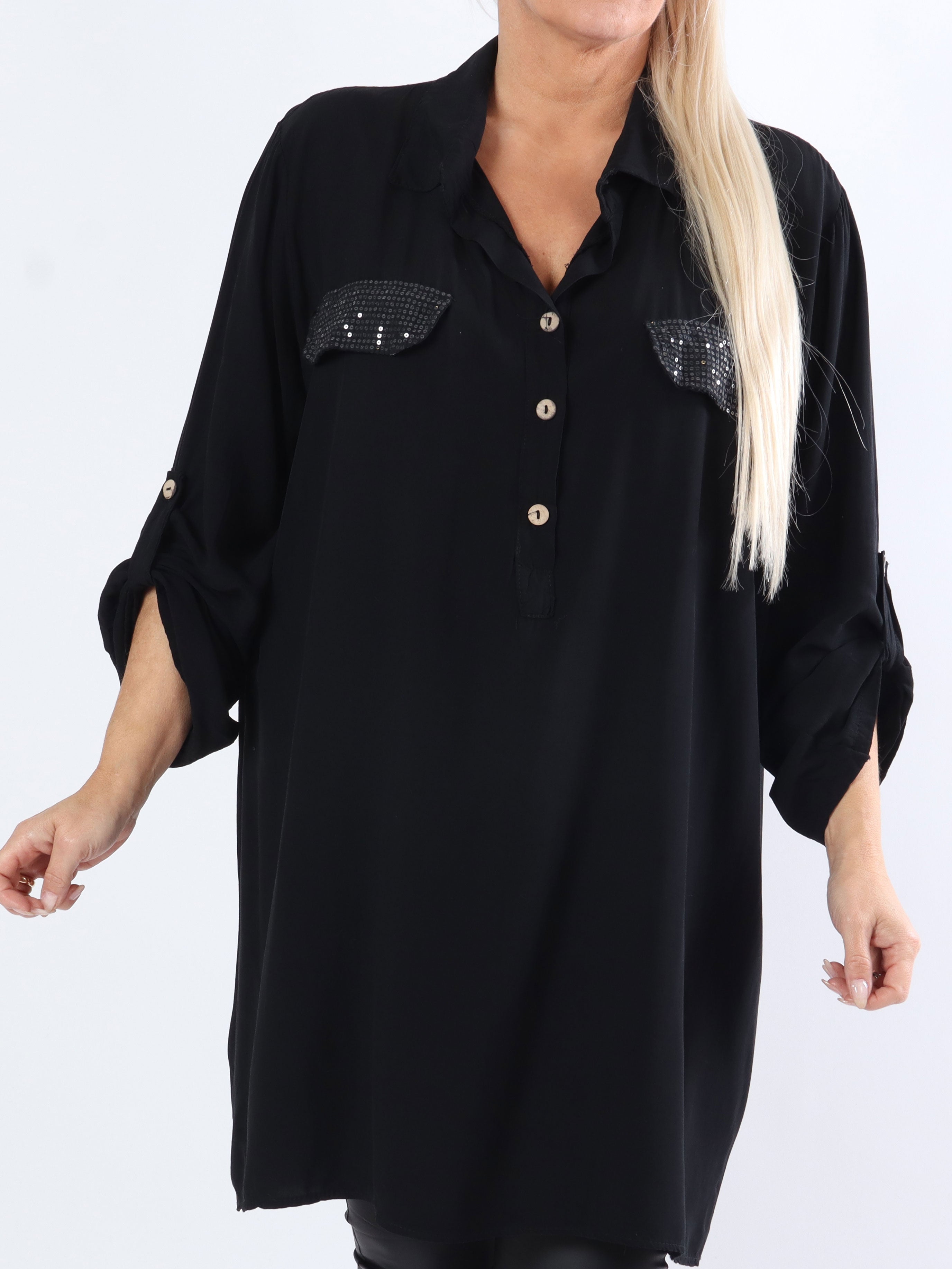 Marcelina - Söt plus size skjorta med paljettfickor